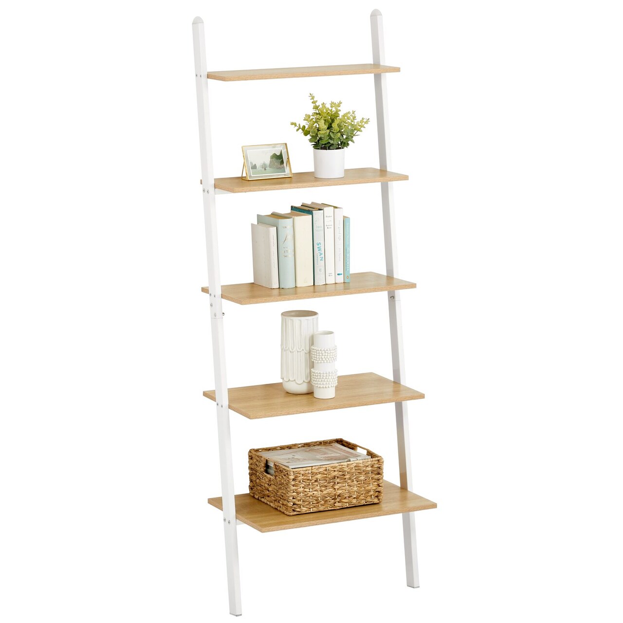 mDesign 5-Tier Leaning Bookshelf Ladder - Sturdy Steel Frame